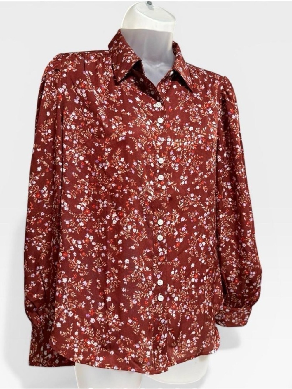 Ann Taylor Burgundy Floral Print Women’s Blouse, Size: Large, Long Sleeve